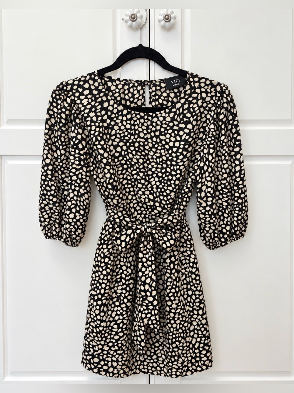 VICI Black and Cream Spot Tie-Waist Mini Dress